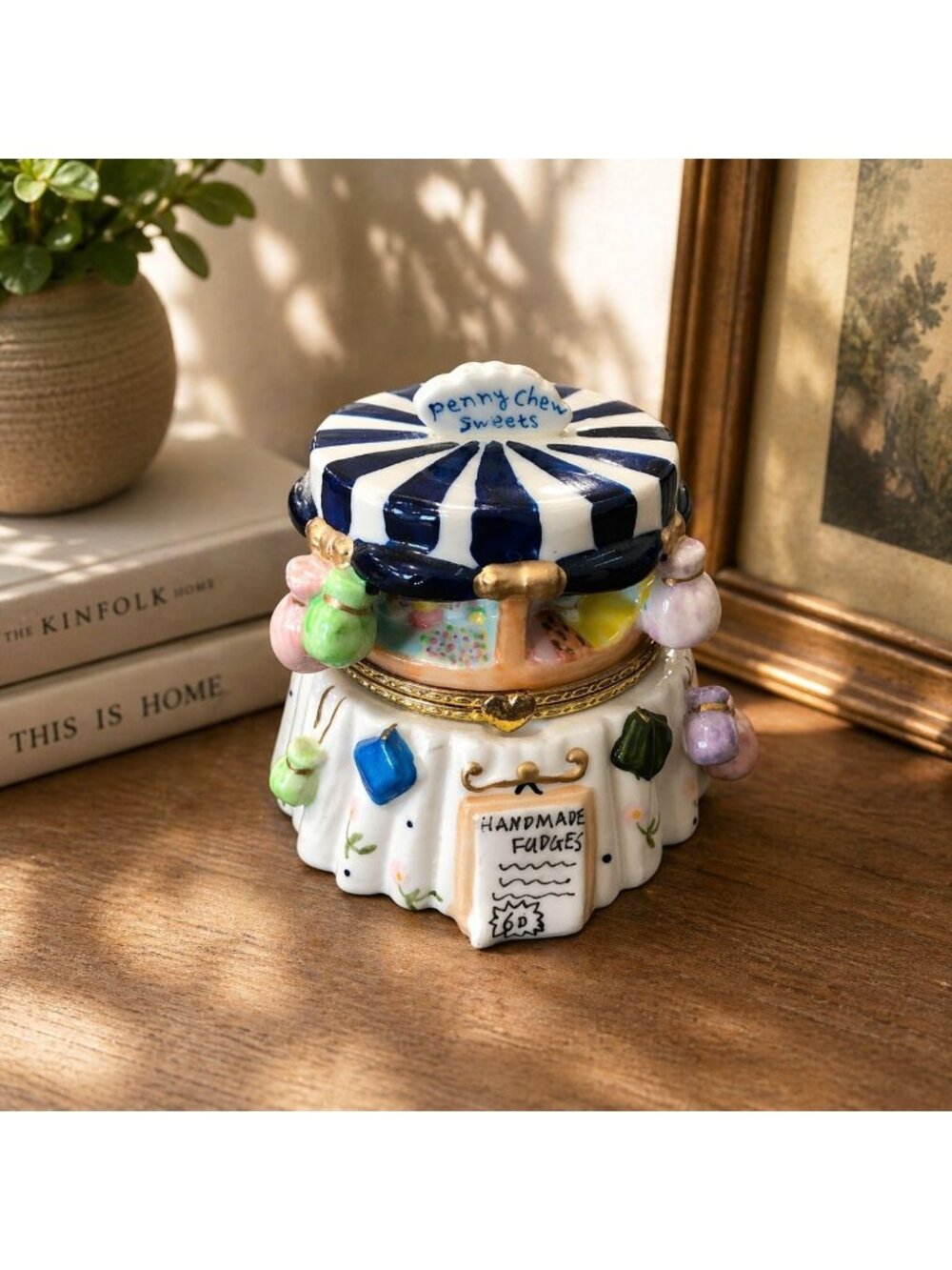 Penny Chew Sweets Porcelain Ceramic Hinged Trinket Jewelry Box Collectible VTG